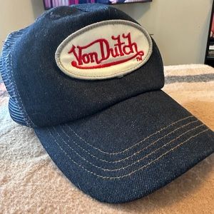 Early 2000s blue denim Von Dutch trucker hat.